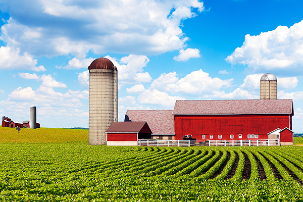 red barn farm grain silos planted crops green fields partly sunny blue skies